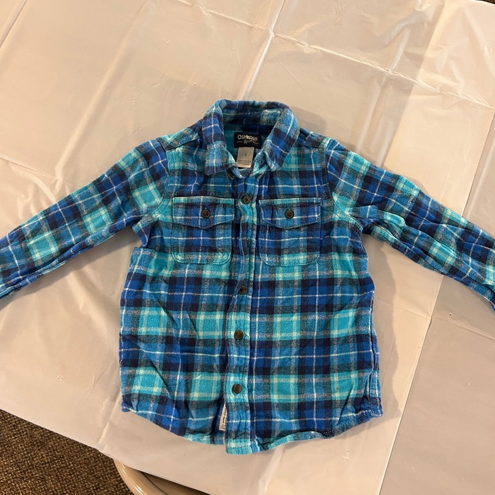 OshKosh B'gosh Boys Plaid‎ Flannel Button-Up Shirt Blue Size 5 Long Sleeve